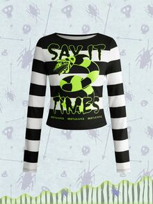 Beetlejuice X ROMWE Horror Movie Snake Pattern Striped Long Sleeve Slim Fit Women's T-Shirt - Multicolor - View 5