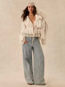 Easelle Vintage Bohemian Ruffle Collar Lace Patchwork Waist-Cinching Women's Blouse - White - View 4