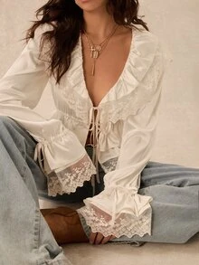 Easelle Vintage Bohemian Ruffle Collar Lace Patchwork Waist-Cinching Women's Blouse - White - View 6
