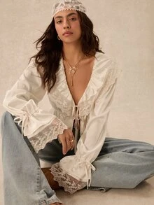 Easelle Vintage Bohemian Ruffle Collar Lace Patchwork Waist-Cinching Women's Blouse - White - View 7