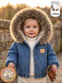SHEIN Vintaside Kids Baby Boy Toddler Boy Denim Jacket Cute Blue Bear Patch Fur Hood Sherpa Lined Long Sleeve Hooded Thick Vacation Winter Christmas Fall Buttons Pocket - Blue - View 1