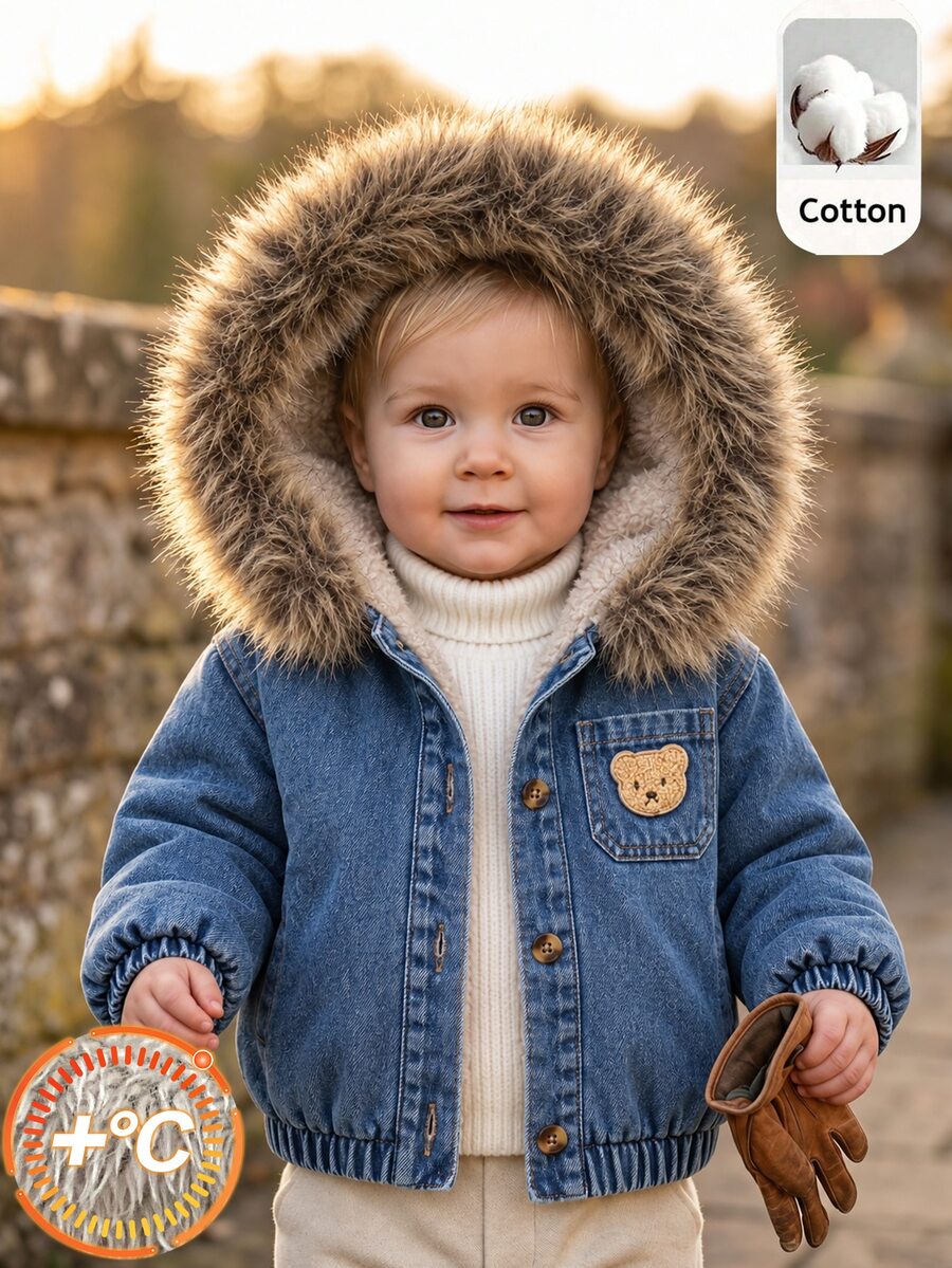 SHEIN Vintaside Kids Baby Boy Toddler Boy Denim Jacket Cute Blue Bear Patch Fur Hood Sherpa Lined Long Sleeve Hooded Thick Vacation Winter Christmas Fall Buttons Pocket - Blue - View 1