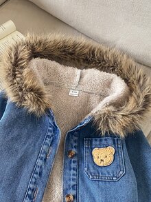 SHEIN Vintaside Kids Baby Boy Toddler Boy Denim Jacket Cute Blue Bear Patch Fur Hood Sherpa Lined Long Sleeve Hooded Thick Vacation Winter Christmas Fall Buttons Pocket - Blue - View 5