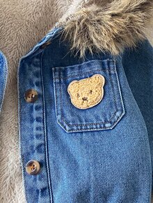 SHEIN Vintaside Kids Baby Boy Toddler Boy Denim Jacket Cute Blue Bear Patch Fur Hood Sherpa Lined Long Sleeve Hooded Thick Vacation Winter Christmas Fall Buttons Pocket - Blue - View 7