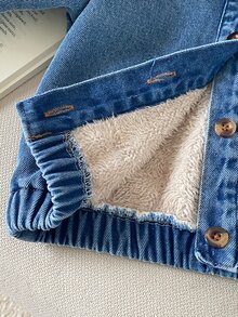 SHEIN Vintaside Kids Baby Boy Toddler Boy Denim Jacket Cute Blue Bear Patch Fur Hood Sherpa Lined Long Sleeve Hooded Thick Vacation Winter Christmas Fall Buttons Pocket - Blue - View 4