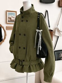 Lalippa Women's Solid Color Dropped Shoulder Long Sleeve Double-Breasted Casual Trench Coat - Army Green - View 3