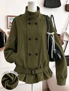 Lalippa Women's Solid Color Dropped Shoulder Long Sleeve Double-Breasted Casual Trench Coat - Army Green - View 1