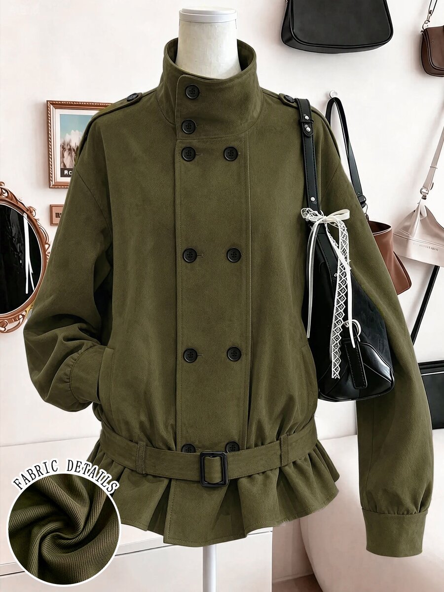 Lalippa Women's Solid Color Dropped Shoulder Long Sleeve Double-Breasted Casual Trench Coat - Army Green - View 1
