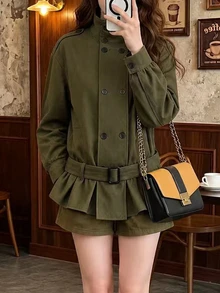 Lalippa Women's Solid Color Dropped Shoulder Long Sleeve Double-Breasted Casual Trench Coat - Army Green - View 5