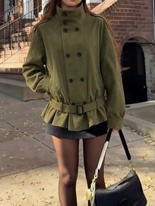 Lalippa Women's Solid Color Dropped Shoulder Long Sleeve Double-Breasted Casual Trench Coat - Army Green - View 4