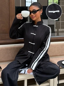 Muchica Jaket Wanita Musim Gugur Terbaru Warna Hitam Gaya Cina Modern Kancing Depan Hem Berkerut untuk Jalan-jalan, Streetwear, Musim Gugur/Musim Dingin 2026 - Hitam - View 1