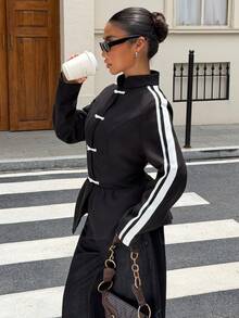 Muchica Jaket Wanita Musim Gugur Terbaru Warna Hitam Gaya Cina Modern Kancing Depan Hem Berkerut untuk Jalan-jalan, Streetwear, Musim Gugur/Musim Dingin 2026 - Hitam - View 4