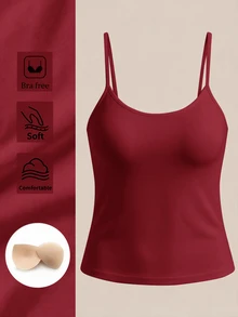 SHEIN BASICS 女款素色休閒百搭日常穿搭細肩帶背心上衣 - 酒紅色 - 查看 2