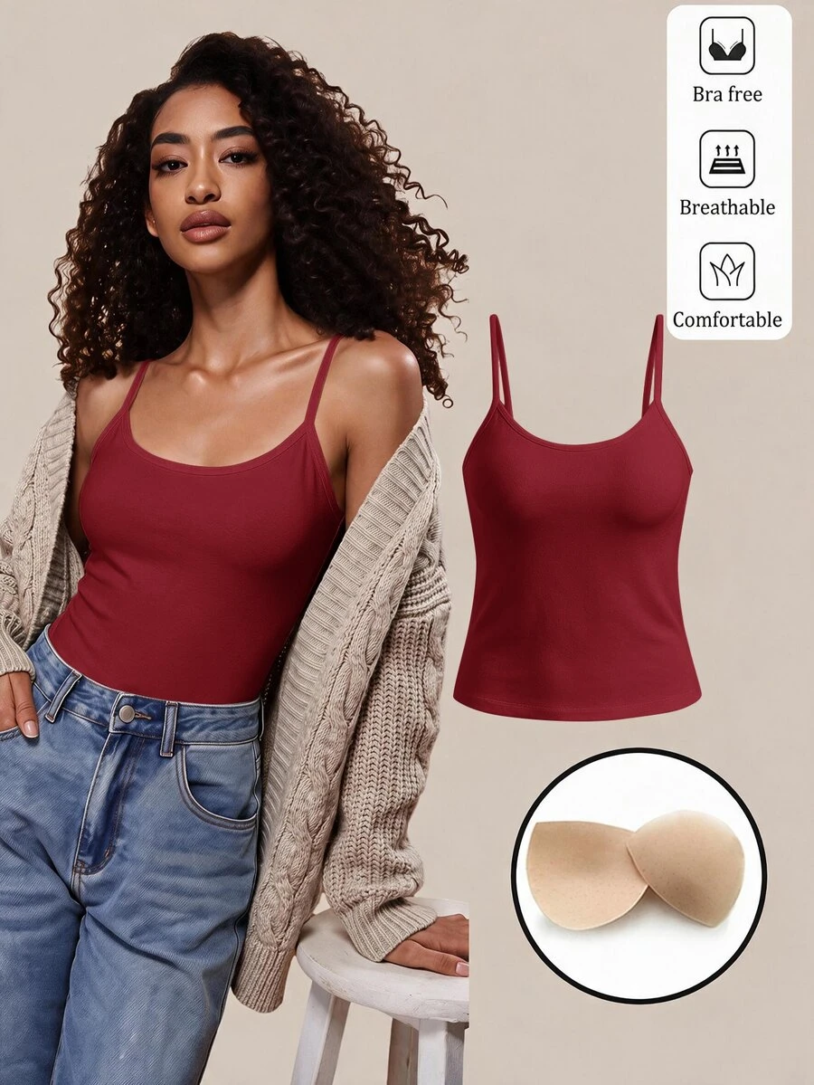SHEIN BASICS 女款素色休閒百搭日常穿搭細肩帶背心上衣 - 酒紅色 - 查看 1