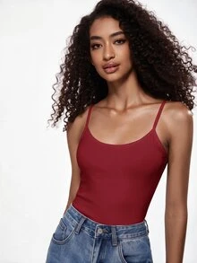 SHEIN BASICS 女款素色休閒百搭日常穿搭細肩帶背心上衣 - 酒紅色 - 查看 8