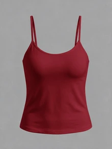 SHEIN BASICS 女款素色休閒百搭日常穿搭細肩帶背心上衣 - 酒紅色 - 查看 7