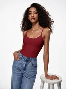 SHEIN BASICS 女款素色休閒百搭日常穿搭細肩帶背心上衣 - 酒紅色 - 查看 5