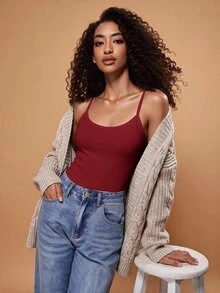 SHEIN BASICS 女款素色休閒百搭日常穿搭細肩帶背心上衣 - 酒紅色 - 查看 4