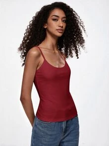 SHEIN BASICS 女款素色休閒百搭日常穿搭細肩帶背心上衣 - 酒紅色 - 查看 12