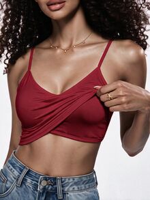 SHEIN BASICS 女款素色休閒百搭日常穿搭細肩帶背心上衣 - 酒紅色 - 查看 3