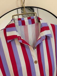 SHEIN Franclia Women's Striped Pleated Casual Versatile Daily Wear Shirt - Purple - View 5