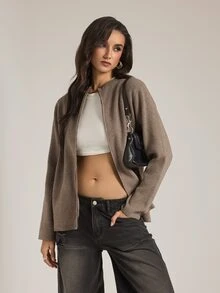 SHEIN Tall Women's Solid Color Long Sleeve Zip-Up Knit Cardigan - Khaki - View 4