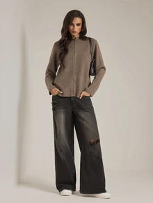 SHEIN Tall Women's Solid Color Long Sleeve Zip-Up Knit Cardigan - Khaki - View 9