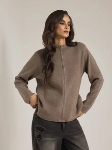 SHEIN Tall Women's Solid Color Long Sleeve Zip-Up Knit Cardigan - Khaki - View 8