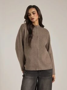 SHEIN Tall Women's Solid Color Long Sleeve Zip-Up Knit Cardigan - Khaki - View 6