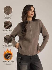 SHEIN Tall Women's Solid Color Long Sleeve Zip-Up Knit Cardigan - Khaki - View 3