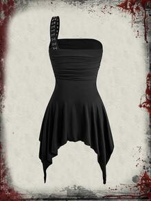 Friday the 13th X ROMWE Letter & Cartoon Graphic Hook And Eye One Shoulder Asymmetrical Hem Short Dress - Black - View 2