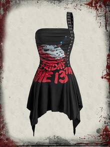 Friday the 13th X ROMWE Letter & Cartoon Graphic Hook And Eye One Shoulder Asymmetrical Hem Short Dress - Black - View 1