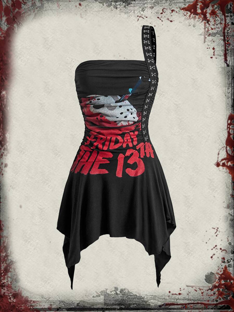 Friday the 13th X ROMWE Letter & Cartoon Graphic Hook And Eye One Shoulder Asymmetrical Hem Short Dress - Black - View 1