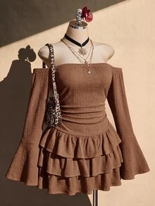 SHEIN ICON 女款大尺碼黑色紋理露肩洋裝，秋季度假波希米亞風，1950年代復古 90年代風 - 棕色 - 查看 1