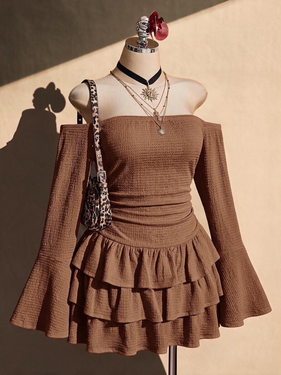 SHEIN ICON 女款大尺碼黑色紋理露肩洋裝，秋季度假波希米亞風，1950年代復古 90年代風 - 棕色 - 查看 1