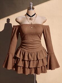 SHEIN ICON 女款大尺碼黑色紋理露肩洋裝，秋季度假波希米亞風，1950年代復古 90年代風 - 棕色 - 查看 3