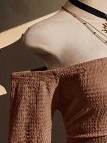 SHEIN ICON 女款大尺碼黑色紋理露肩洋裝，秋季度假波希米亞風，1950年代復古 90年代風 - 棕色 - 查看 7