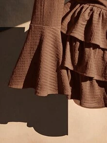 SHEIN ICON 女款大尺碼黑色紋理露肩洋裝，秋季度假波希米亞風，1950年代復古 90年代風 - 棕色 - 查看 6