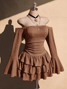 SHEIN ICON 女款大尺碼黑色紋理露肩洋裝，秋季度假波希米亞風，1950年代復古 90年代風 - 棕色 - 查看 4