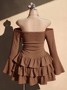 SHEIN ICON 女款大尺碼黑色紋理露肩洋裝，秋季度假波希米亞風，1950年代復古 90年代風 - 棕色 - 查看 2