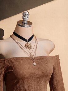 SHEIN ICON 女款大尺碼黑色紋理露肩洋裝，秋季度假波希米亞風，1950年代復古 90年代風 - 棕色 - 查看 5