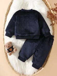 SHEIN 2件組嬰兒男女童衛衣長褲套裝，可愛海軍藍白色毛絨熊貼布、3D耳朵與爪印設計，長袖圓領加厚毛絨，適合生日、冬季與秋季 - 藏蓝色 - 查看 4