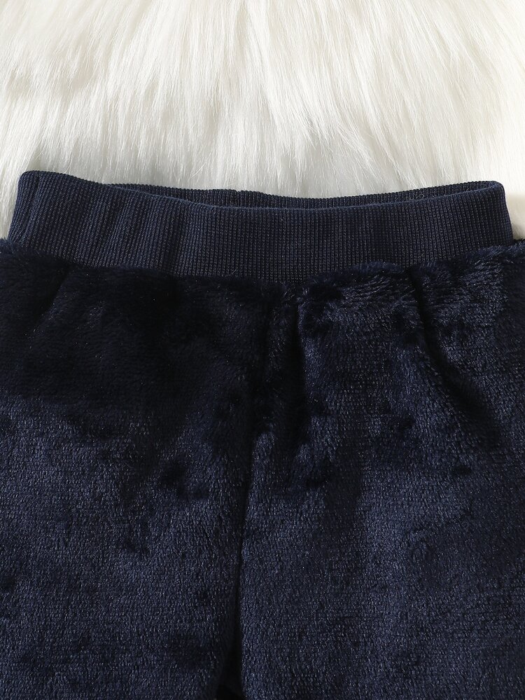 SHEIN 2pcs Baby Girls Boys Sweatshirt Pants Set Cute Navy White Fuzzy Bear Patch 3D Ears Paw Print Long Sleeve Round Neck Thick Birthday Winter Fall Plush - Navy Blue - View 7
