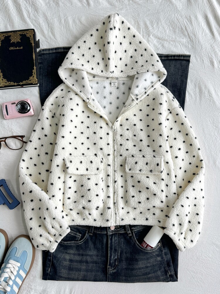 SHEIN Teen Girl Girls Autumn/Winter Thermal Lined Thick Black & White Polka Dot Print Stand Collar Zip-Up Fitted Loose Long Sleeve Pocket Jacket Fleece Double-Sided Plush Jacket White Girls Jacket - Black and White - View 3