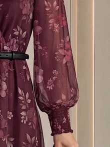 Medorina Elegant Chic Floral Ruffle, Midi Dress Women, Chiffon Burgundy Purple, V-Neck Long Sleeve Belted, Party Wedding Guest Formal, Fall Winter Clothes - Multicolor - View 2