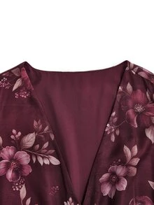 Medorina Elegant Chic Floral Ruffle, Midi Dress Women, Chiffon Burgundy Purple, V-Neck Long Sleeve Belted, Party Wedding Guest Formal, Fall Winter Clothes - Multicolor - View 6