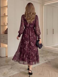 Medorina Elegant Chic Floral Ruffle, Midi Dress Women, Chiffon Burgundy Purple, V-Neck Long Sleeve Belted, Party Wedding Guest Formal, Fall Winter Clothes - Multicolor - View 3