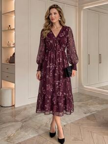 Medorina Elegant Chic Floral Ruffle, Midi Dress Women, Chiffon Burgundy Purple, V-Neck Long Sleeve Belted, Party Wedding Guest Formal, Fall Winter Clothes - Multicolor - View 4