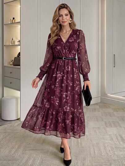 Medorina Elegant Chic Floral Ruffle, Midi Dress Women, Chiffon Burgundy Purple, V-Neck Long Sleeve Belted, Party Wedding Guest Formal, Fall Winter Clothes