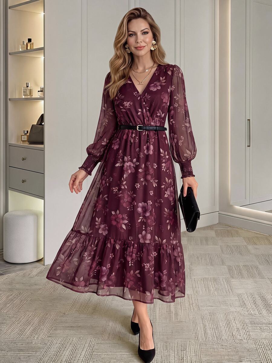 Medorina Elegant Chic Floral Ruffle, Midi Dress Women, Chiffon Burgundy Purple, V-Neck Long Sleeve Belted, Party Wedding Guest Formal, Fall Winter Clothes - Multicolor - View 1